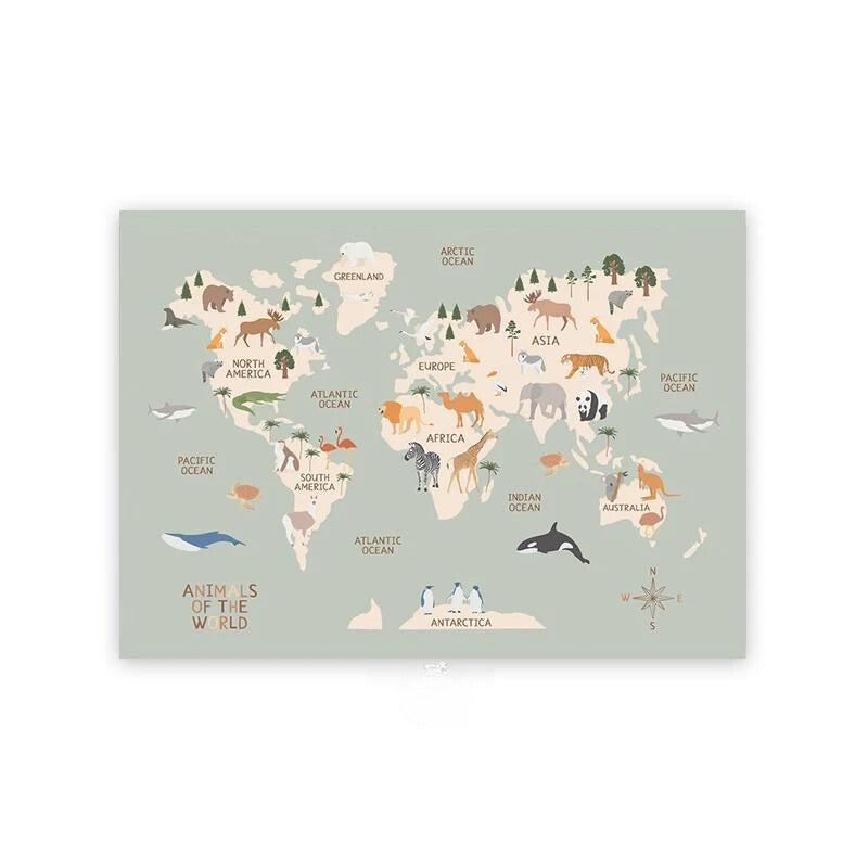 Kids Animal World Map Canvas