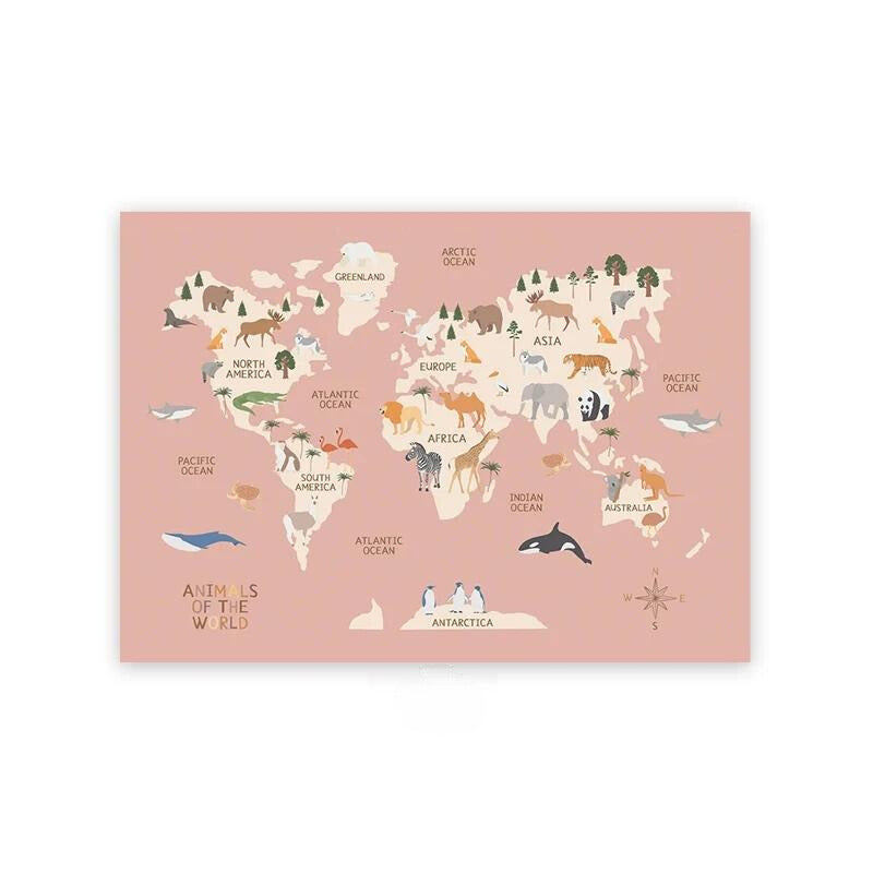 Kids Animal World Map Canvas