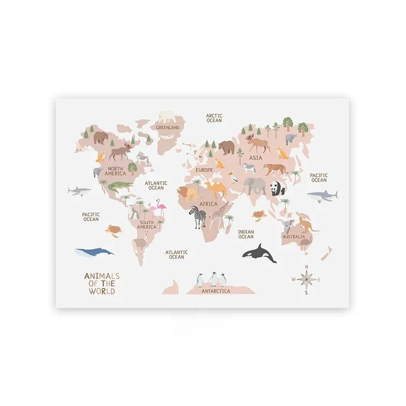 Kids Animal World Map Canvas